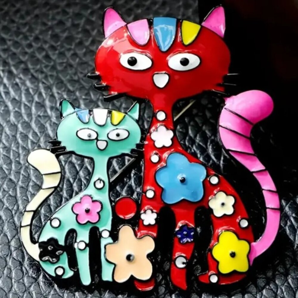 Cute Vibrant Multicolor Enamel Cat Couple Brooch - Large